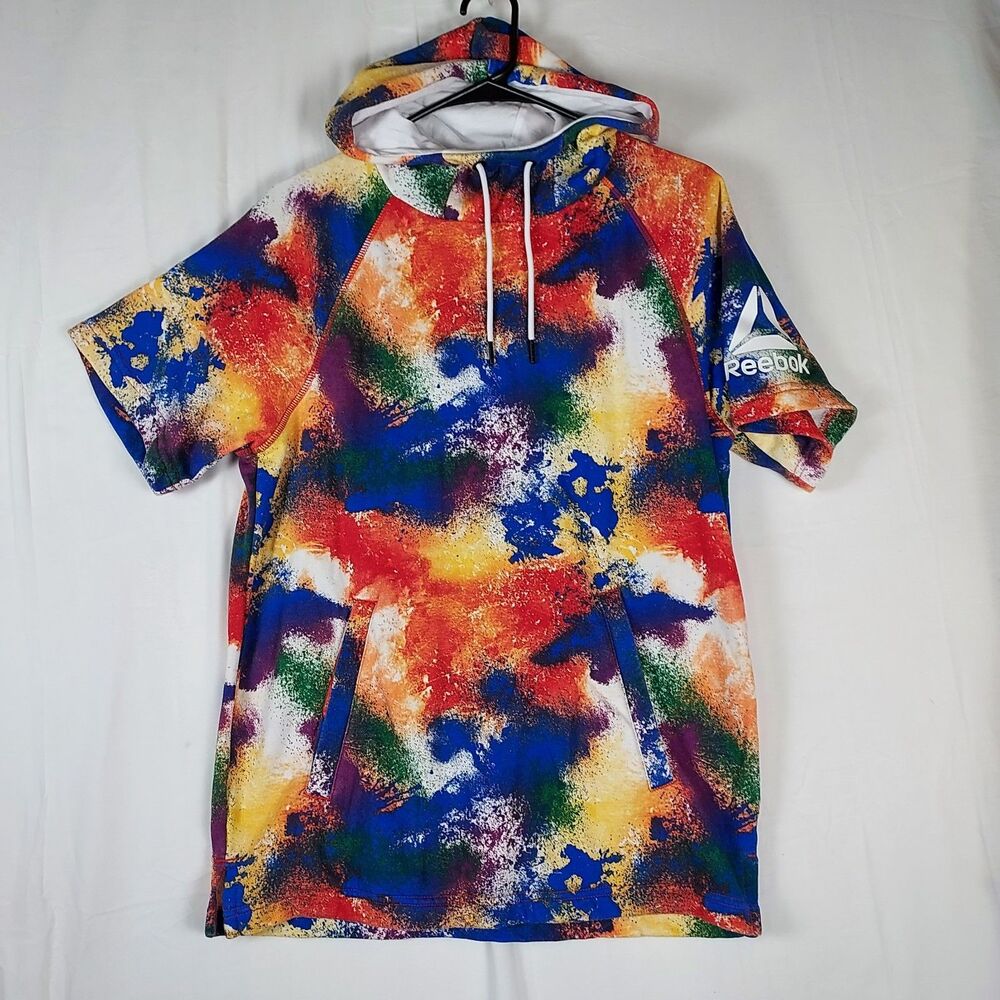 Reebok Rainbow Paint‑Splash Short‑Sleeve Hoodie Pullover Mens Small